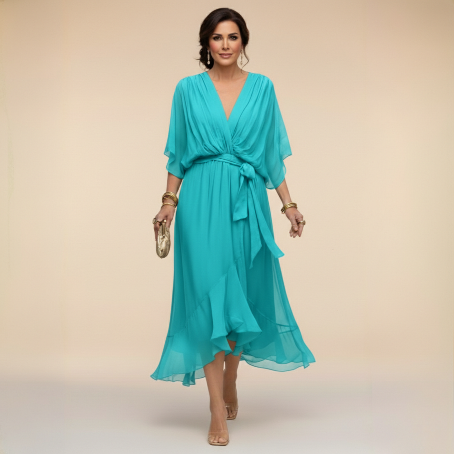 Monica — Abito Lungo in Chiffon Fluido con Scollo a V