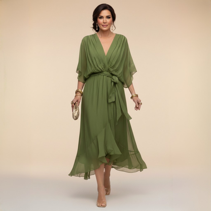 Monica — Abito Lungo in Chiffon Fluido con Scollo a V