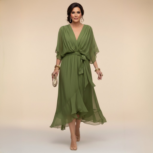 Monica — Abito Lungo in Chiffon Fluido con Scollo a V
