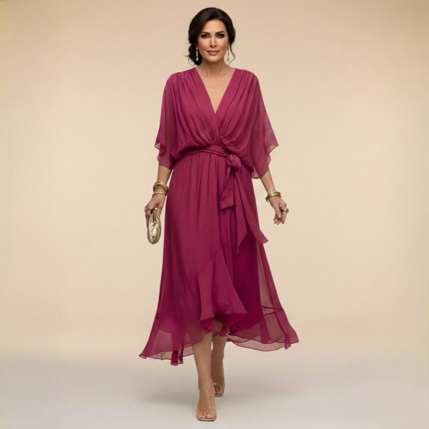 Monica — Abito Lungo in Chiffon Fluido con Scollo a V