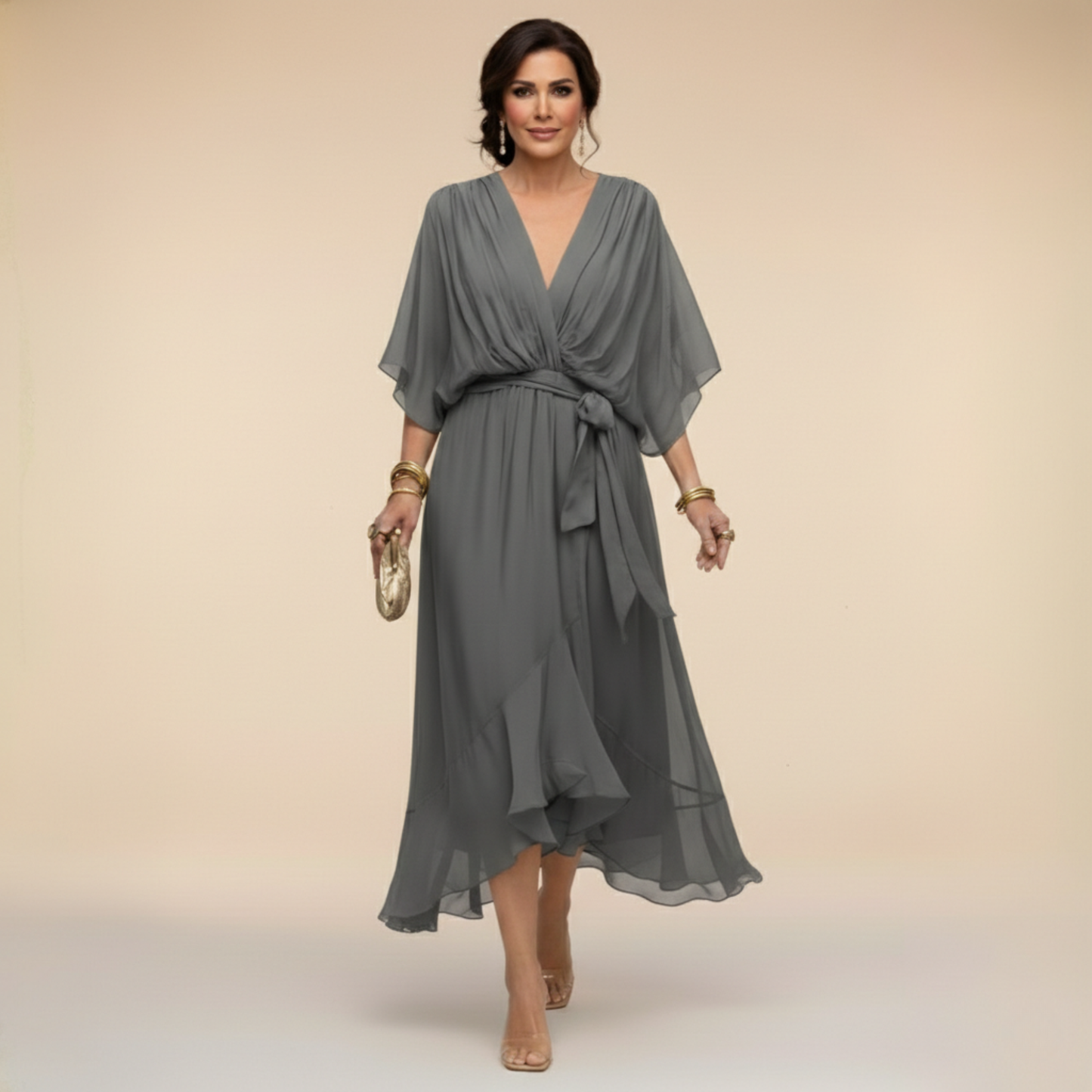 Monica — Abito Lungo in Chiffon Fluido con Scollo a V