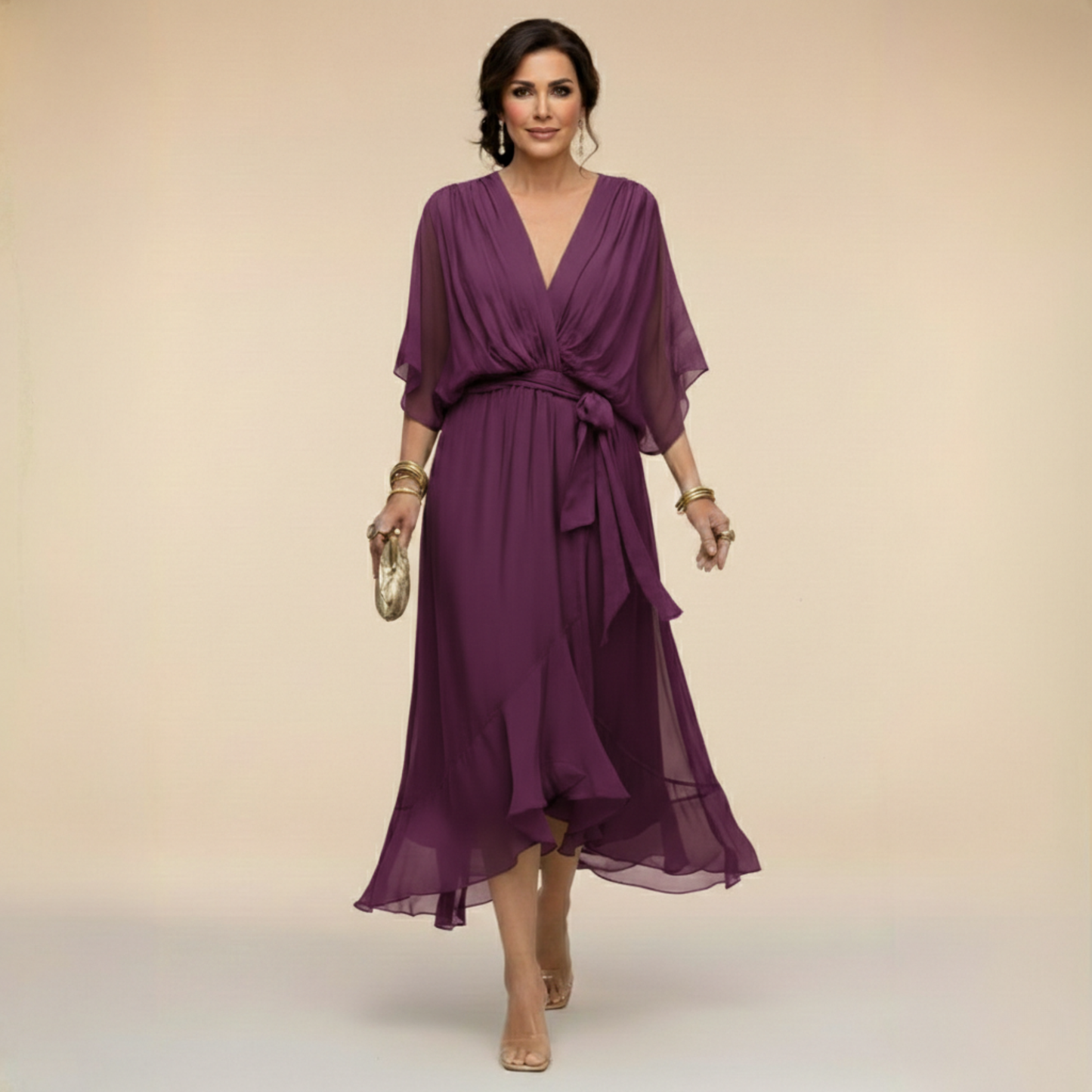 Monica — Abito Lungo in Chiffon Fluido con Scollo a V