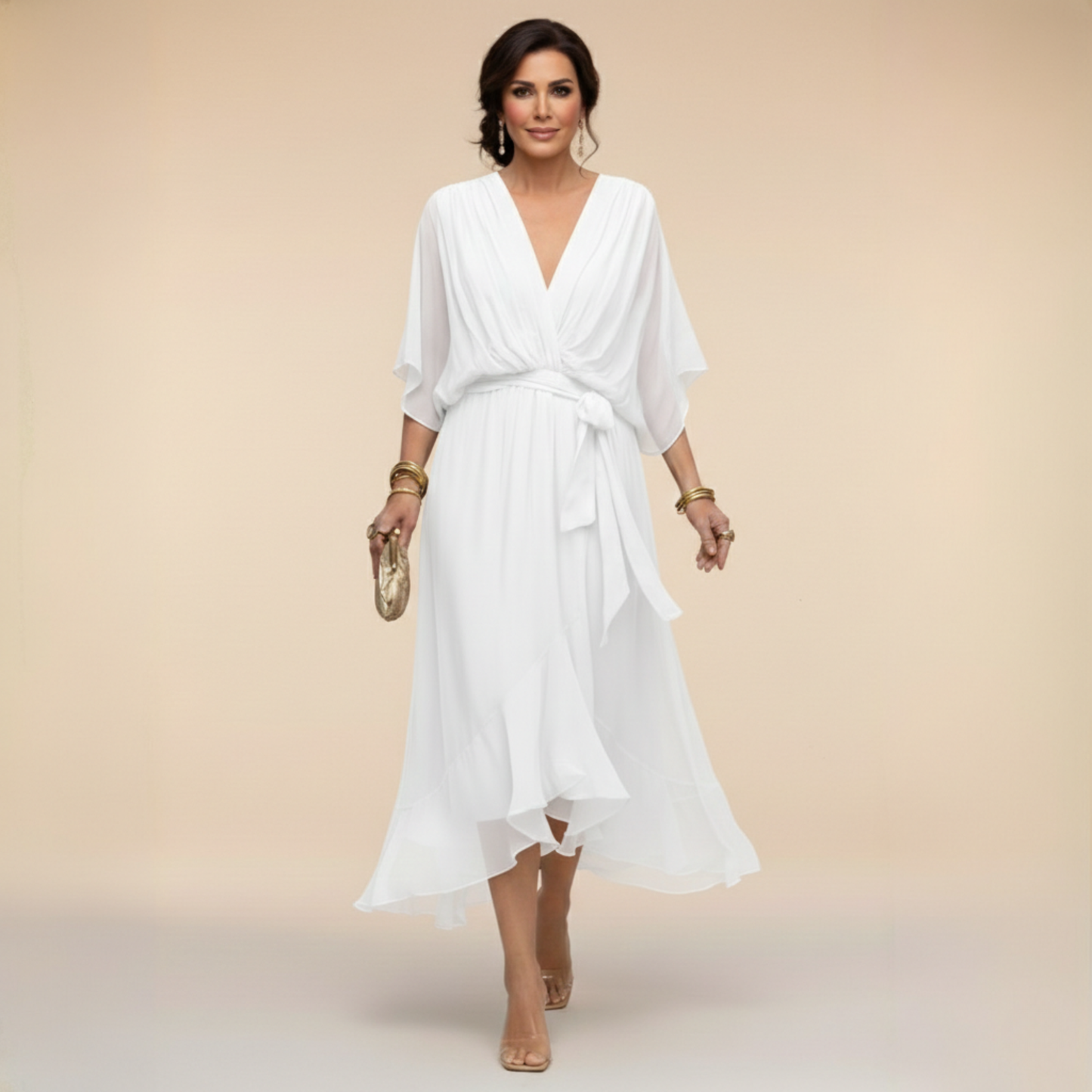 Monica — Abito Lungo in Chiffon Fluido con Scollo a V