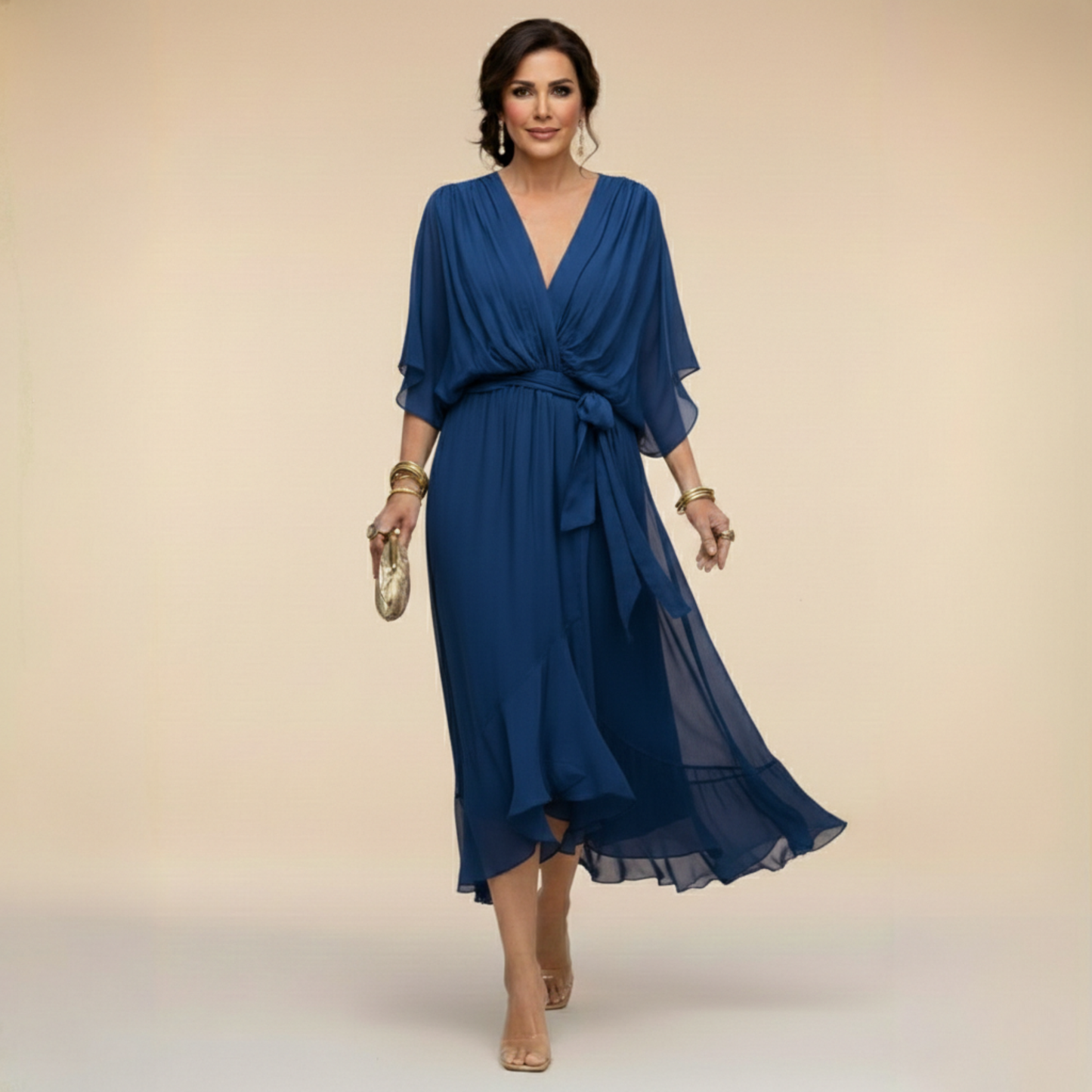 Monica — Abito Lungo in Chiffon Fluido con Scollo a V