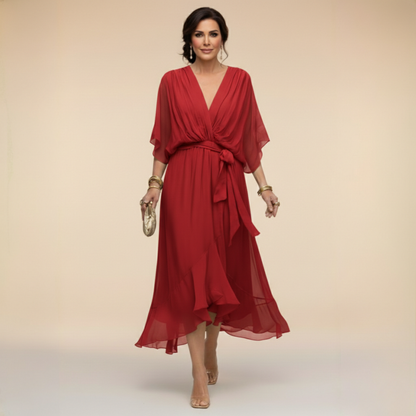 Monica — Abito Lungo in Chiffon Fluido con Scollo a V