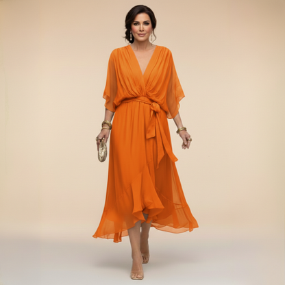 Monica — Abito Lungo in Chiffon Fluido con Scollo a V