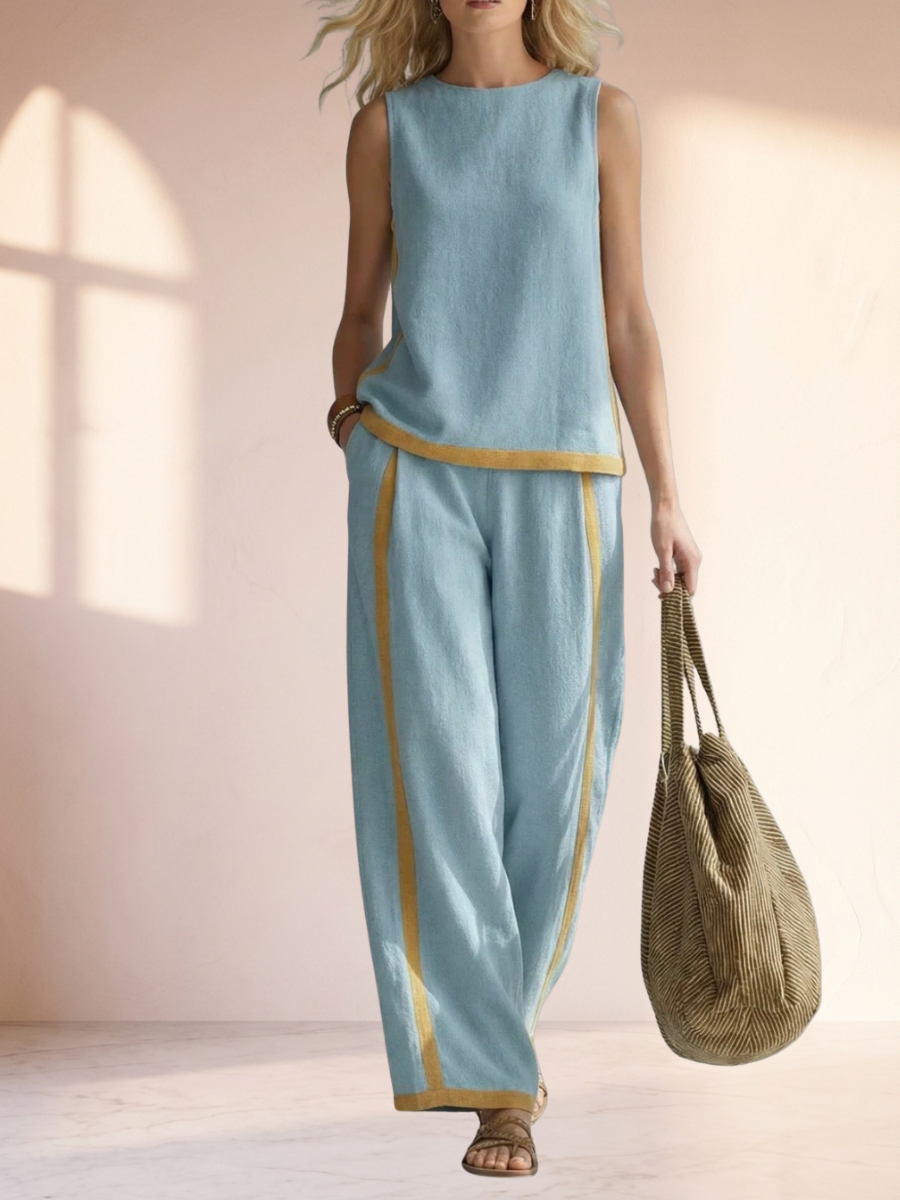 Completo Elegante Due Pezzi con Profilo Dorato a Contrasto