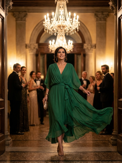 Monica — Abito Lungo in Chiffon Fluido con Scollo a V
